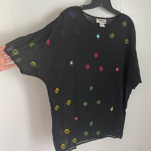 Adini Mirror Embroidered Black Tunic Top S Rayon Cotton Boho Sheer Festival Art - Picture 8 of 8